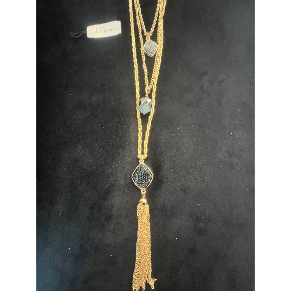 Carol Duplaise Goldtone & Black Crystal Three Tier Necklace with Golden Tassel